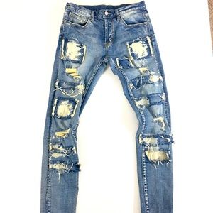 DOPE Patched Button Fly Ripped Slim Fit Jeans